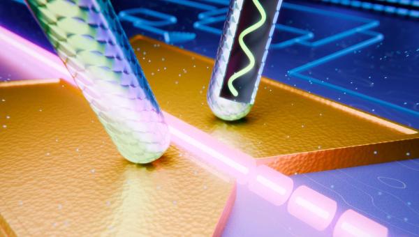 The modulator (in gold) transmits the information from an electrical wave to an optical wave.  (Illustration: Johannes Grewer / Polariton Technologies)